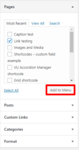 Add pages or posts to menu from your website