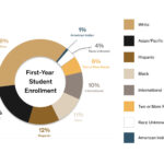 Race and ethnicity distribution among first-year enrolled students showing 38% white, 19% Asian, 12% Hispanic, 11% Black, 10% international, 6% two or more races, 4% race unknown and 1% American Indian