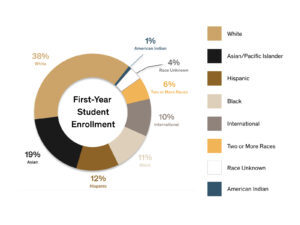 Race and ethnicity distribution among first-year enrolled students showing 38% white, 19% Asian, 12% Hispanic, 11% Black, 10% international, 6% two or more races, 4% race unknown and 1% American Indian